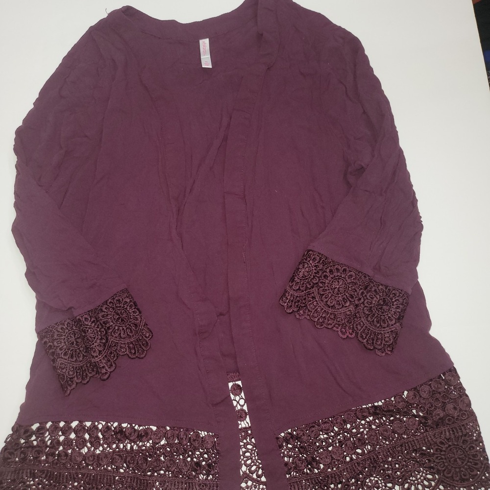 Exhilaration Open Front Cardigan Sweater Womens Size XL Burgundy Boho‎ Lace Trim - Picture 6 of 7